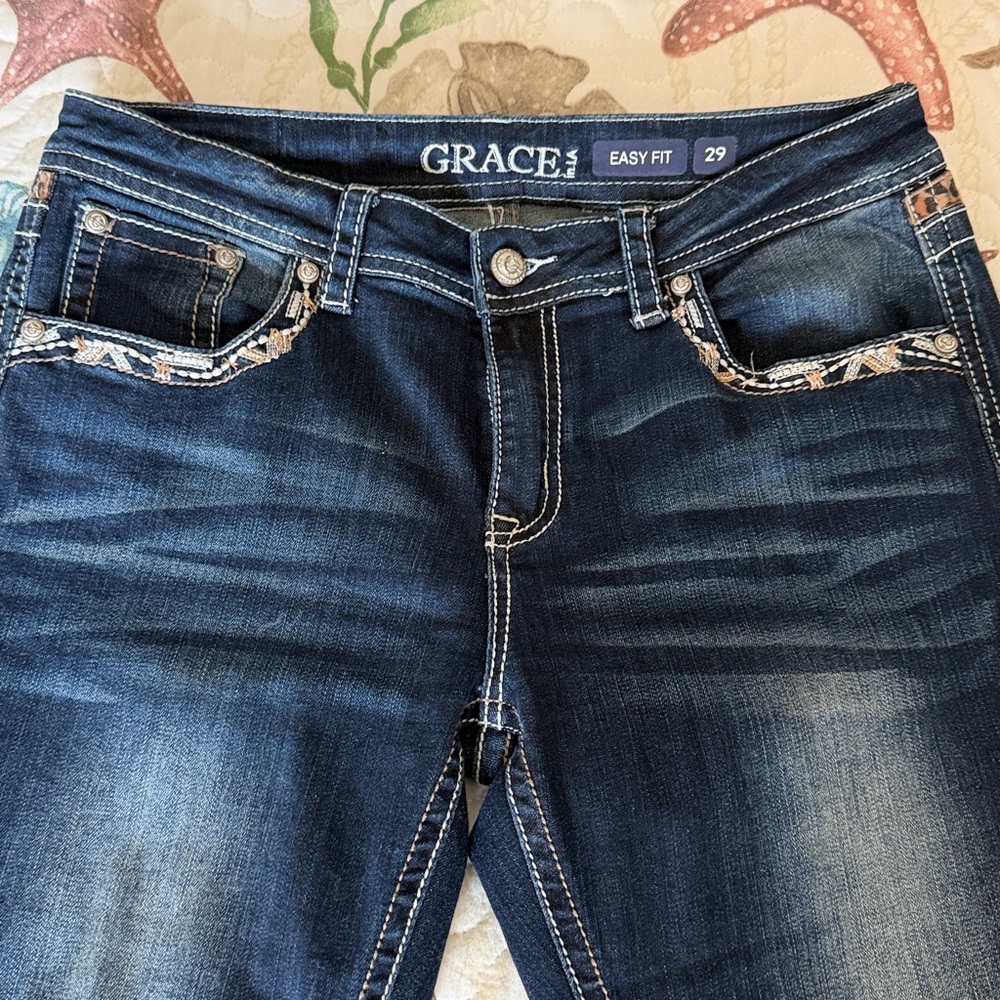 Grace in LA Women's Dark Blue Jeans. 29. Animal print inset. - Picture 3 of 6